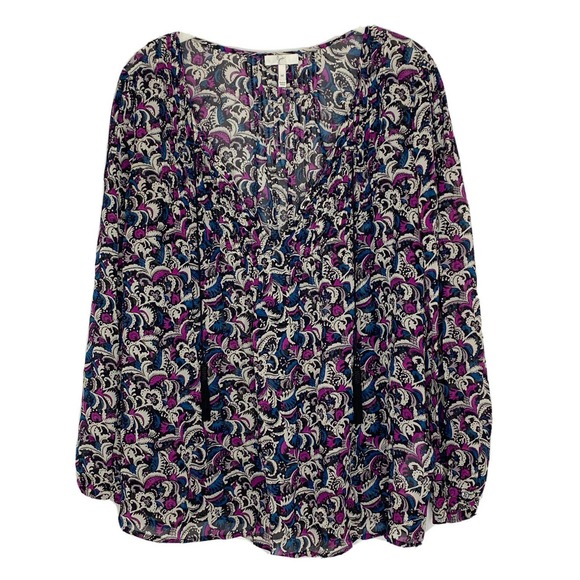 JOIE Tops - Joie Paisley 100% Silk Women’s Tassel Tie Keyhole Sheer Peasant Top Blouse Sz M